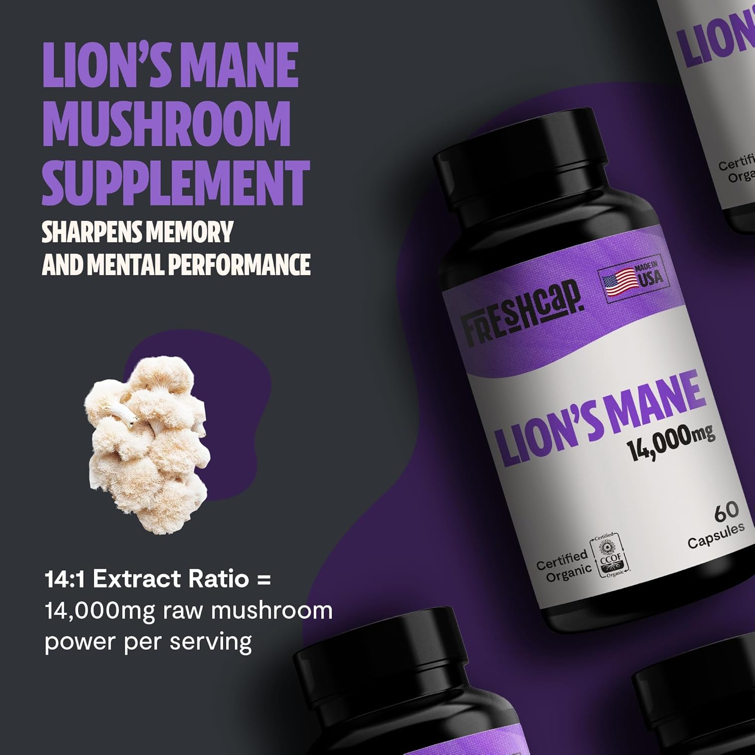FreshCap Lions Mane Supplement Capsules 14,000mg - Lion's Mane Mushroom Extract for Brain Support, Premium Ayurveda Organic LionsMane Mushroom for Memory, Focus & Clarity (180 Capsules)