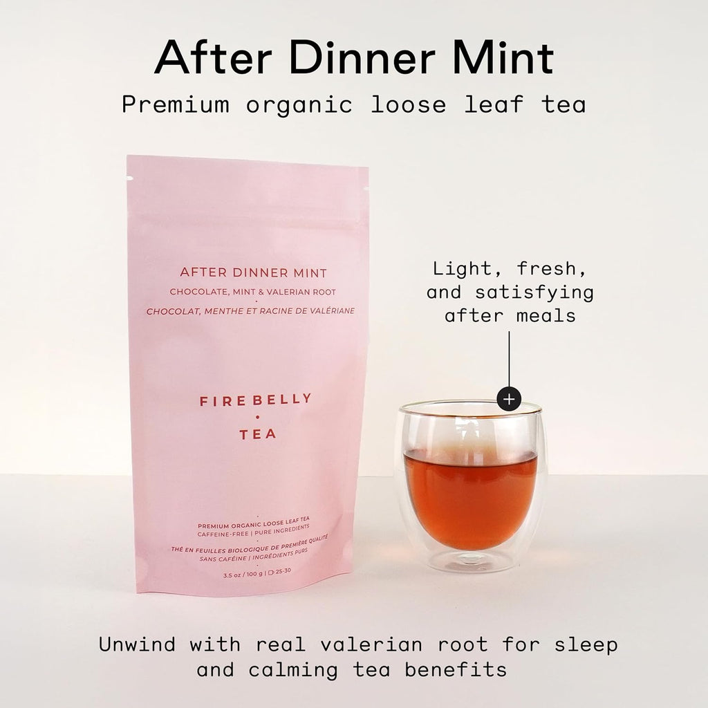 Firebelly Tea After Dinner Mint, Organic Chocolate & Mint Tea with Valerian Root for Sleep, Loose Leaf Herbal Drink, Caffeine-Free, For Relaxing Nighttime, 3.5 oz, Pack of 1