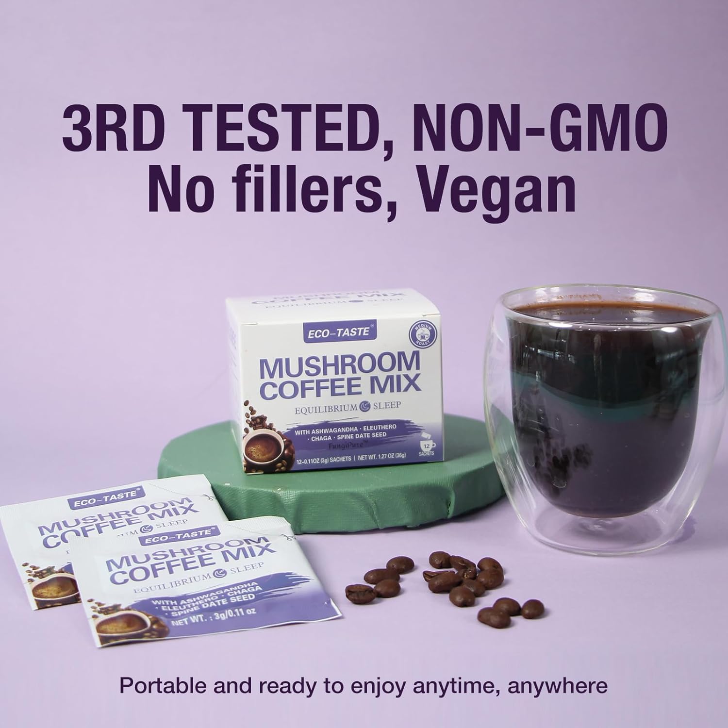 ECO-TASTE Mushroom Coffee Mix, Designed for Balance with Ashwagandha, Eleuthero, Chaga, Spine date seed – 12 Sachets