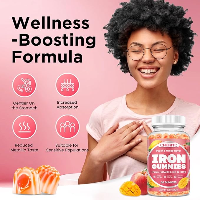 Center-Filled Iron Gummies for Adults & Kids - Iron Supplement with Vitamin B6, B12, C, Zinc, Folate - Support Women Iron Deficiency, Anemia, Blood Builder - Sugar Free Vegan 60ct Peach & Mango Flavor