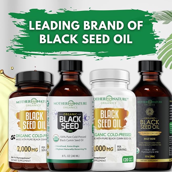 Mother Nature - Organic Black Seed Oil Capsules, 3 Month Supply, Cold Pressed, High TQ, 100% Turkish, Black Cumin Nigella Sativa Oil for Immune Support, Joint, Digestive Health,1000mg Capsule, 180ct
