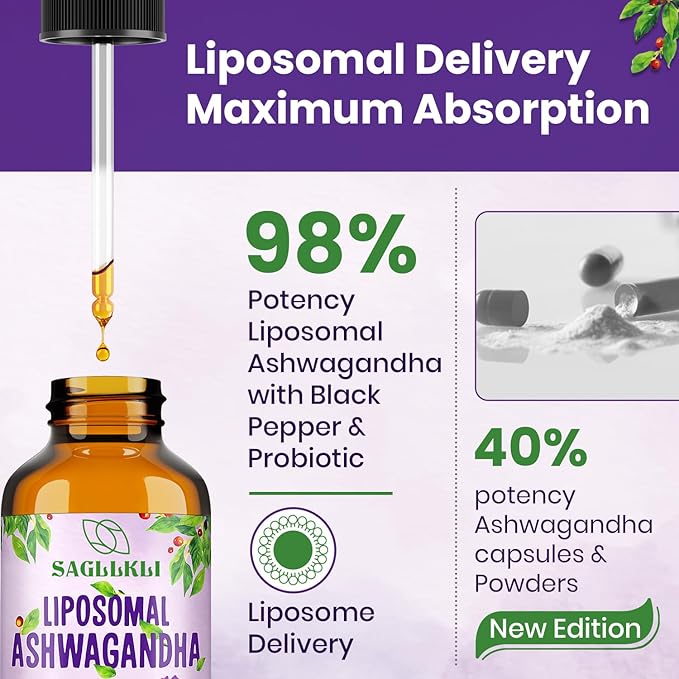 Liposomal Ashwagandha Liquid Drops 2000mg, Ashwagandha Root Extract Supplement (7% Withanolides) with Black Pepper Extract & Probiotics for Focus, Cognition & Energy - 2 FL.OZ (1 Bottle)