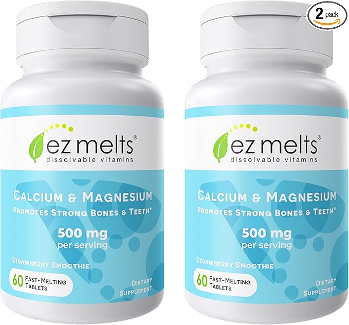 EZ Melts Calcium & Magnesium - Daily Supplement for Heart, Bone, Immune & Brain Health - with Vitamin D3 - Non-GMO & Vegan - Strawberry Smoothie - 120 Dissolvable Tablets (60 Servings)