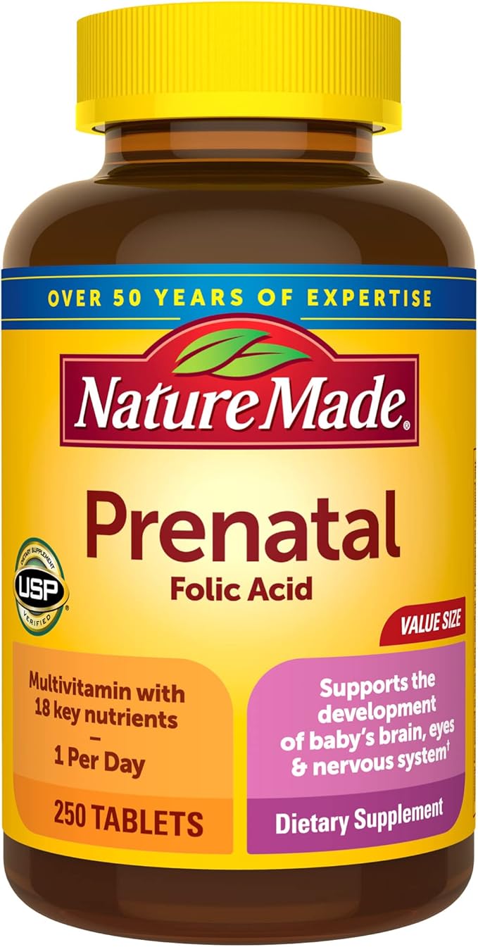 Nature Made Prenatal Multivitamin with Folic Acid, Vitamin & Mineral Supplement, Daily Nutritional Support, Prenatal Vitamins for Women, 250 Tablets, 250 Day Supply