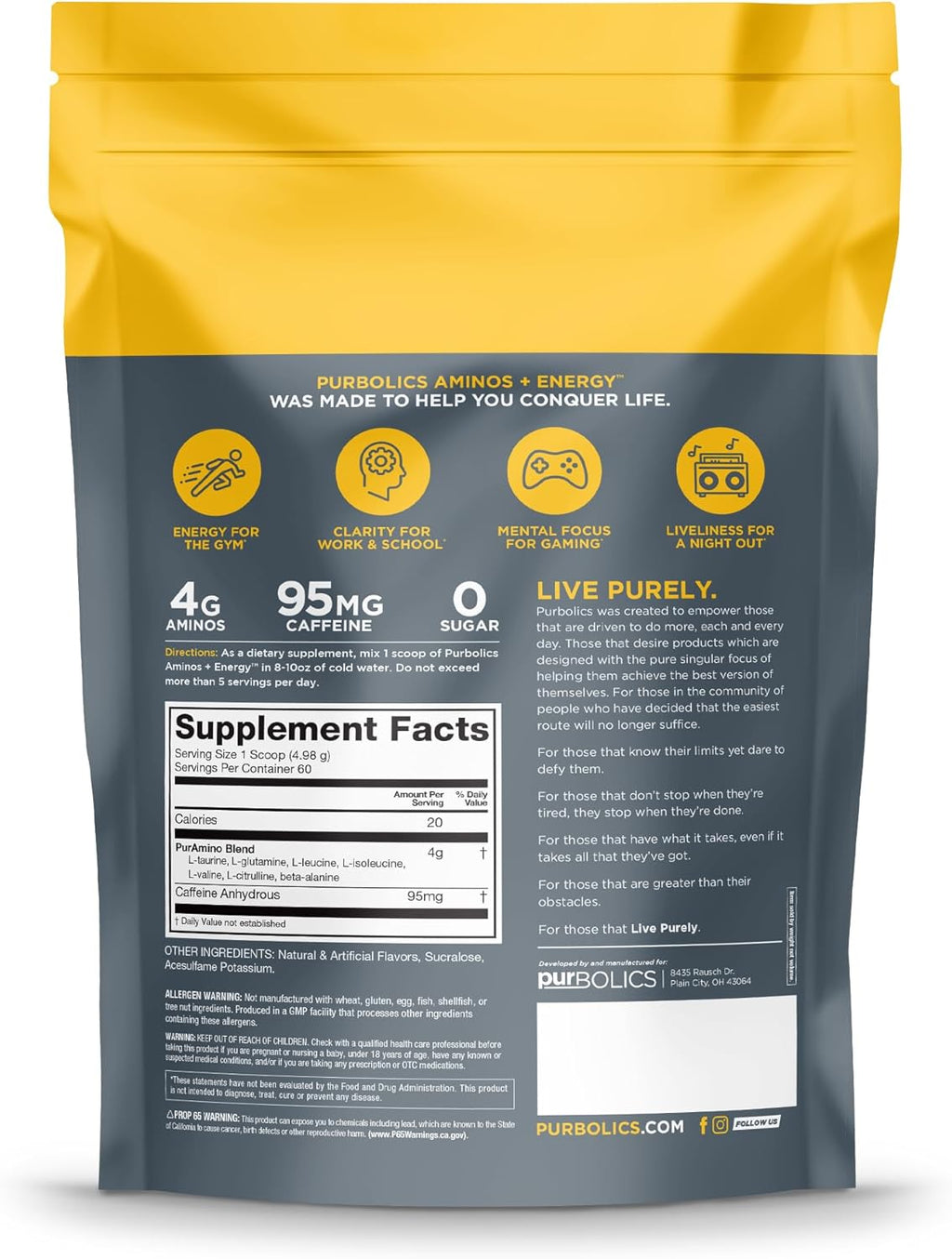 Purbolics Aminos + Energy | Supports Recovery, Energy & Focus | 95mg of Caffeine, 0 Sugar & 60 Servings (You're 1 in A Melon)