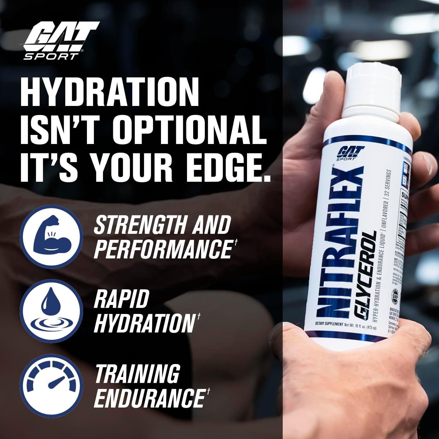 GAT SPORT Nitraflex Glycerol Liquid Pre-Workout Stim & Caffeine Free, Beta-Alanine, Betaine, Electrolytes, Extreme Hydration, Pumps & Endurance,16 oz, Unflavored