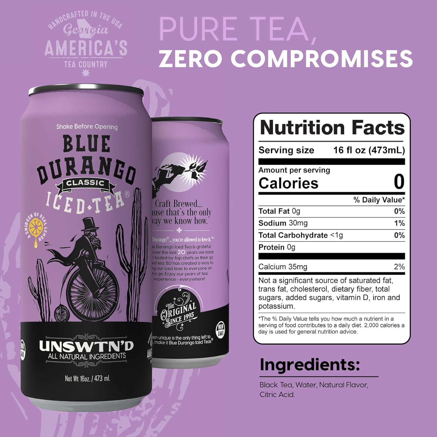 Blue Durango Iced Tea - Unsweetened Classic - Black Tea - Non-GMO, Gluten-Free - Zero Sugar Ice Tea - Natural Ingredient Ice Drinks - 16 oz Cans (12 Pack)