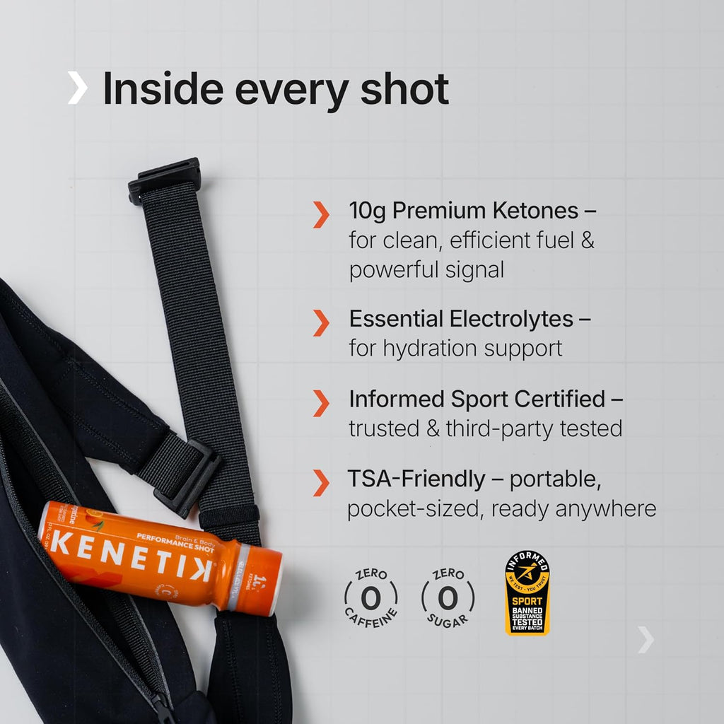 KENETIK Ketone Shots, 10g Ketones for Daily Focus, Clarity, & Energy, Electrolytes for Performance & Hydration, Gluten Free, Sugar Free, Caffeine Free, Non GMO, Tangerine, 2 oz, 6 Pack