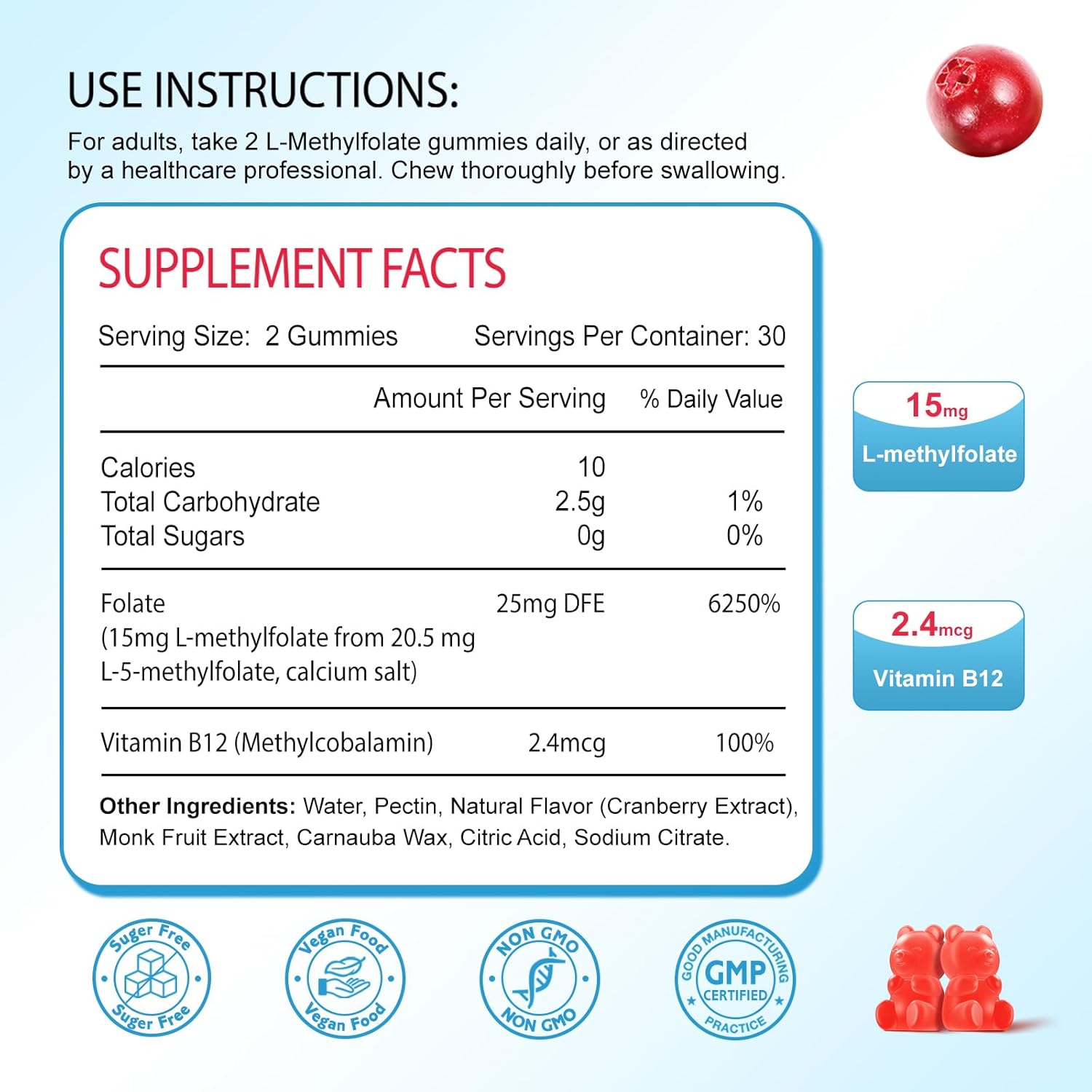 L-Methylfolate 15mg & Methyl B12 Gummies, Folate Supplement for Brain Health, Mood & Immunity, DNA Synthesis & Repair, Sugar Free, Vegan, Cranberry Flavor, 60 Count