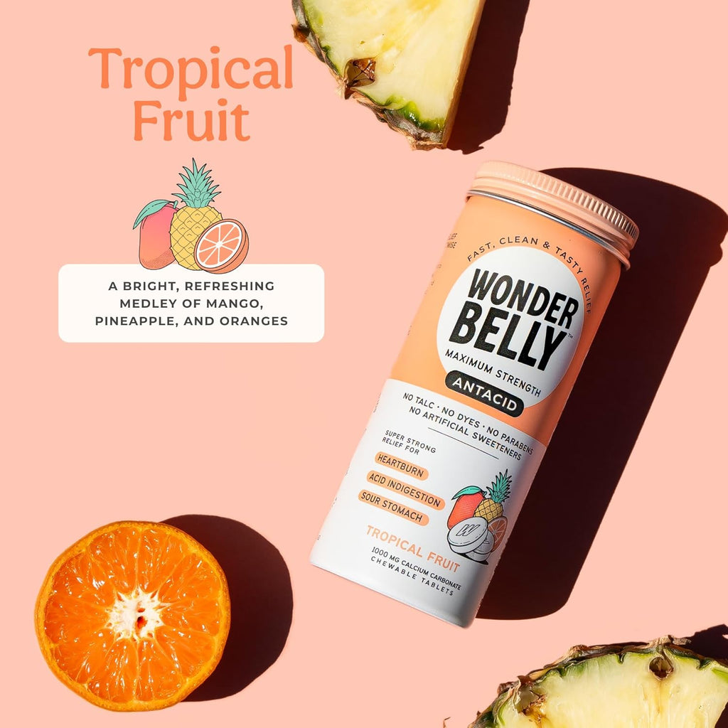 Wonderbelly Antacid Effective Heartburn and Instant Acid Indigestion Relief Extra Strength Chewable Tablets 1000 mg Calcium Carbonate No Talc or Dye Tropical Fruit 50 count