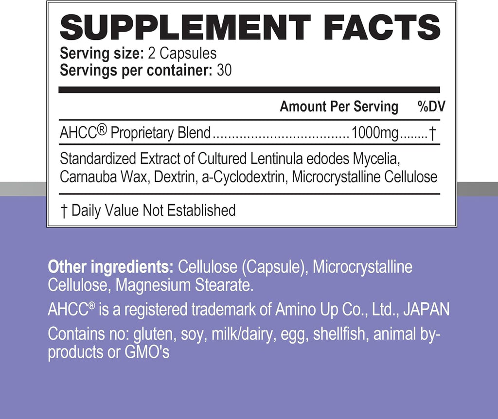 AHCC Supplement - Maximum Strength - Natural Immune Support Extract - Maintains Natural Killer Cell Activity - 20+ Human Research Studies - 60 Veggie Capsules (1 Pack)
