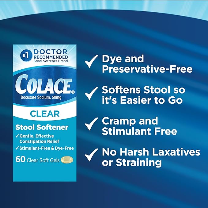 Colace Clear Stool Softener for Gentle Effective Constipation Relief, #1 Doctor Recommended Stool Softener Brand, Dye Free, 50 mg Docusate Capsules, 60 Count