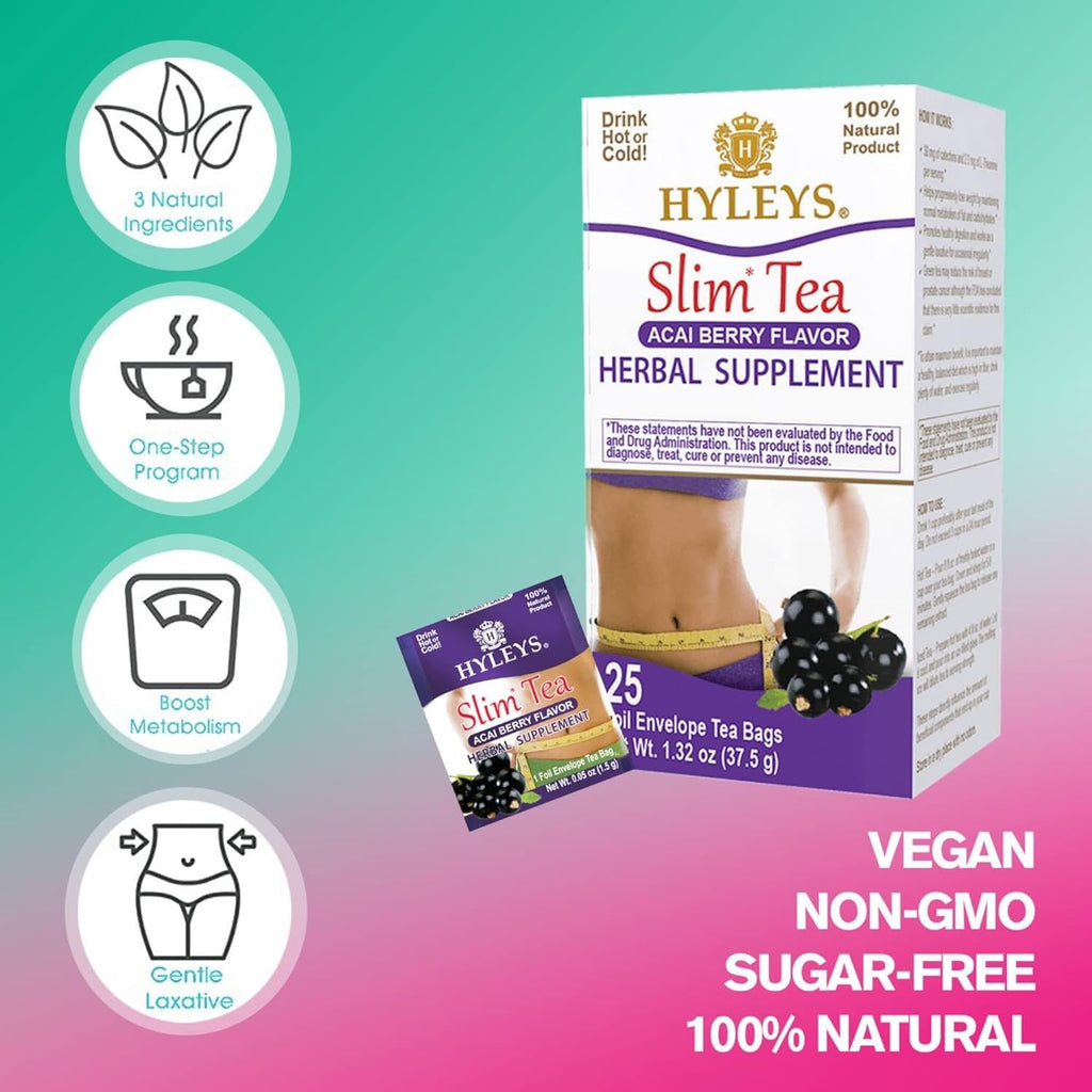 Hyleys Slim Tea Acai Berry Flavor - Weight Loss Herbal Supplement Cleanse and Detox - 25 Tea Bags (6 Pack)