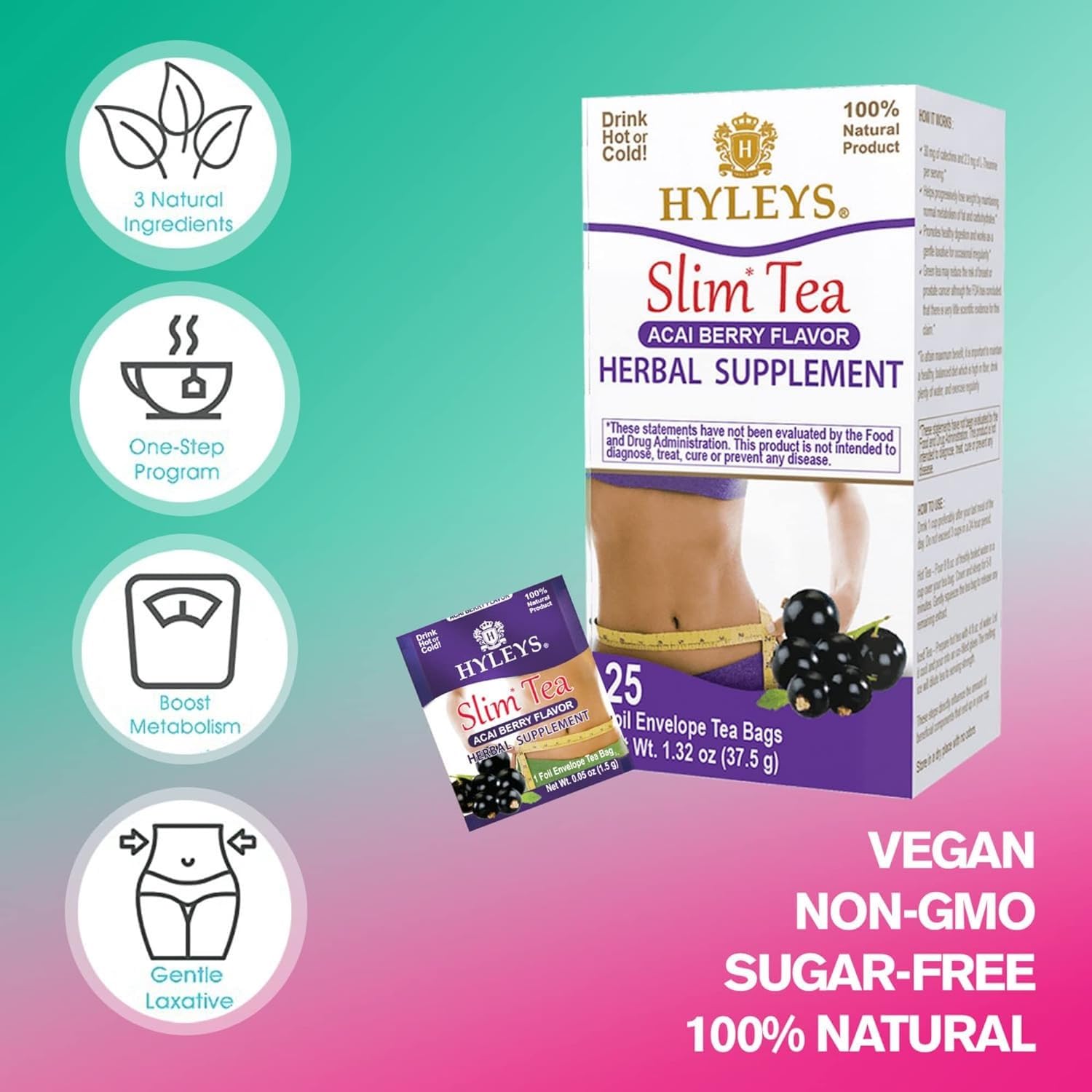 Hyleys Slim Tea Acai Berry Flavor - Weight Loss Herbal Supplement Cleanse and Detox - 25 Tea Bags (6 Pack)