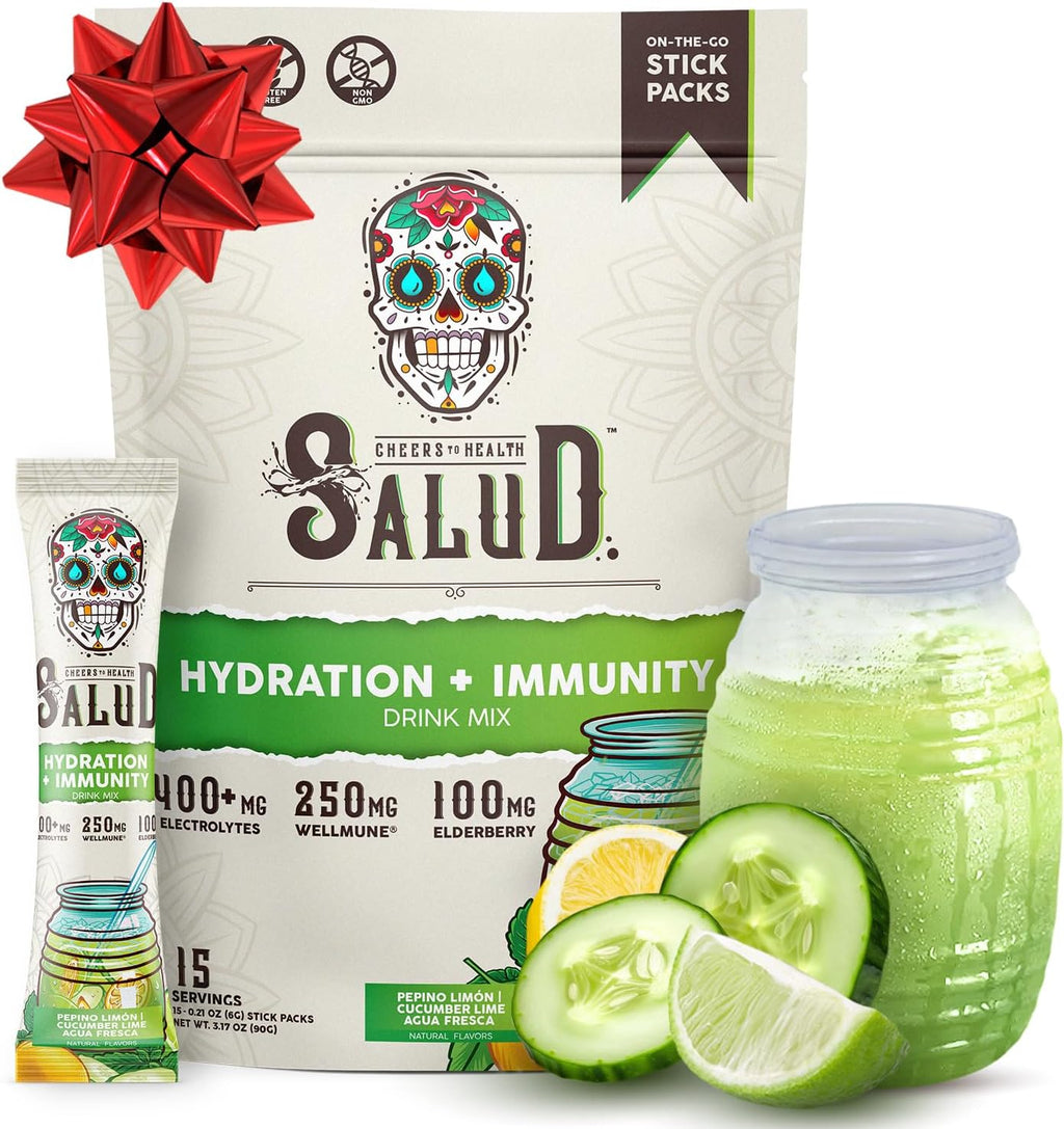 Salud 2-in-1 Hydration Packets + Immunity Electrolytes Powder, Cucumber Lime - Agua Fresca Drink Mix, Elderberry, Dairy & Soy Free, Non-GMO, Gluten Free, Vegan, Low Calorie, 1g Sugar (15 Servings)