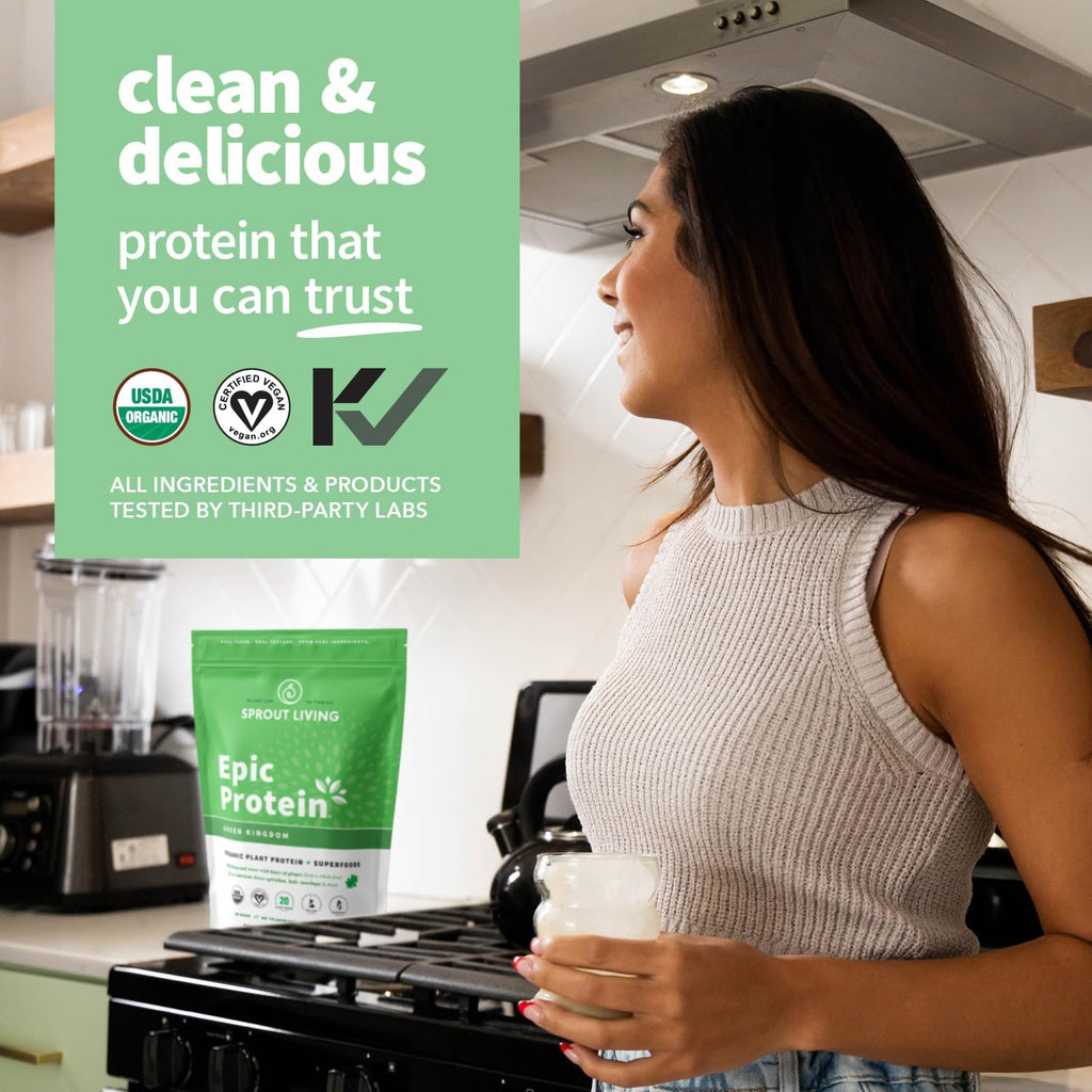 Sprout Living Epic Protein, Plant Based Protein & Superfoods Powder, Green Kingdom | 20 Grams Organic Protein Powder, Greens, Vegan, Non Dairy, Non-GMO, Gluten Free, Low Sugar (1 Pound, 12 Servings)