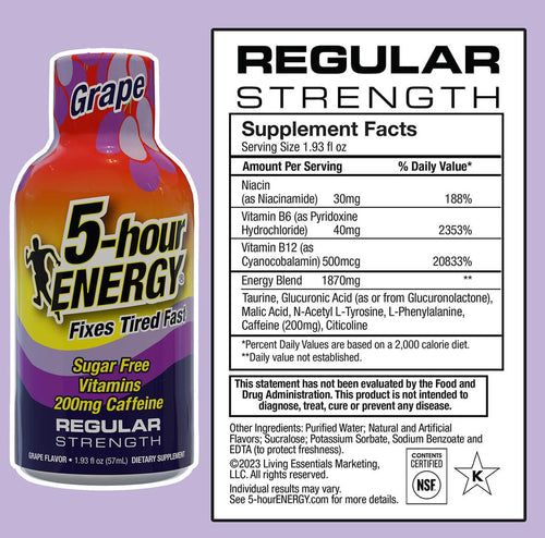 5-hour ENERGY Regular Strength Grape Energy Shot 1.93oz, 20-Pack – Sugar Free Caffeine Energy Booster with B-Vitamins & Amino Acids – Zero Calorie