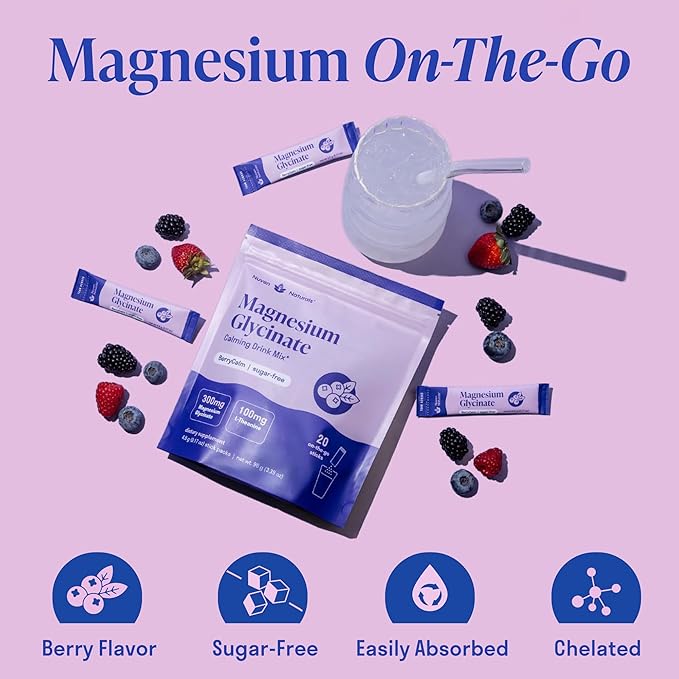 Magnesium Glycinate Powder + L-Theanine | 20 Sticks/Servings | 300 mg p/Stick High Absorption Chelated Magnesium Powder for Sleep - Mixed Berry Flavor, No Sugar, Support Restful Sleep & Relaxation