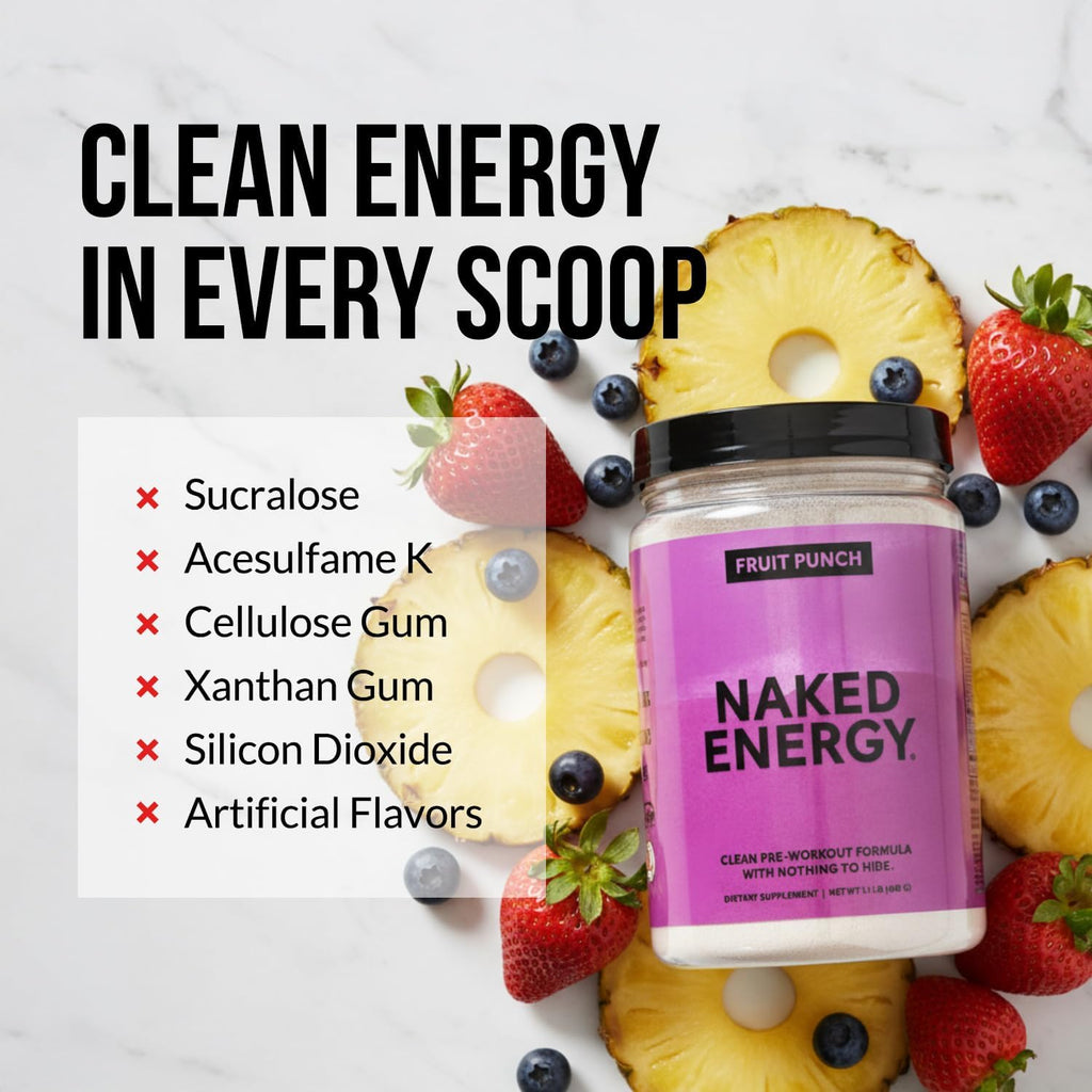 NAKED Fruit Punch Energy - Clean Pre Workout Supplement for Men and Women, Vegan Friendly, No Added Sweeteners, Colors Or Flavors - 30 Servings