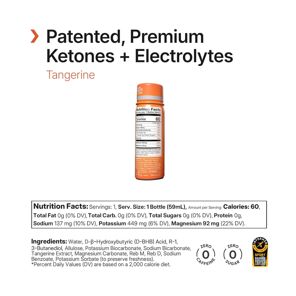 KENETIK Ketone Shots, 10g Ketones for Daily Focus, Clarity, & Energy, Electrolytes for Performance & Hydration, Gluten Free, Sugar Free, Caffeine Free, Non GMO, Tangerine, 2 oz, 6 Pack