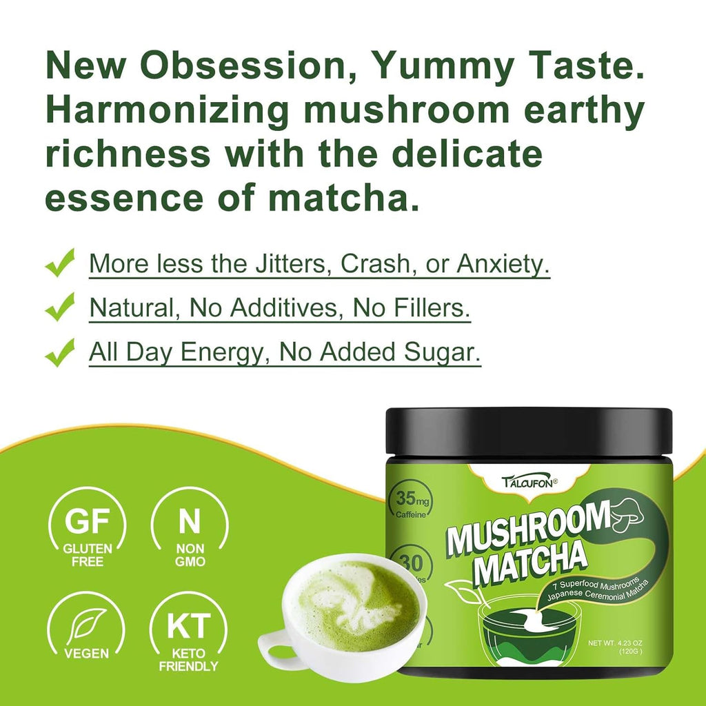 TALCUFON Mushroom Matcha 4.23 Oz, Japanese Ceremonial Matcha Blend 7 Superfood Mushrooms All Natural, Gluten Free, Taste Great Hot or Cold Latte 120G