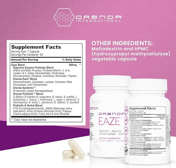 Orenda Eaze®: Gut Wellness Capsules | 6-in-1 Digestive Support with Probiotics, Endospores, Peptizyme-SP EN, Prebiotics, and Digestive Enzymes - Elevate Your Gut Health Today - 30 Capsules