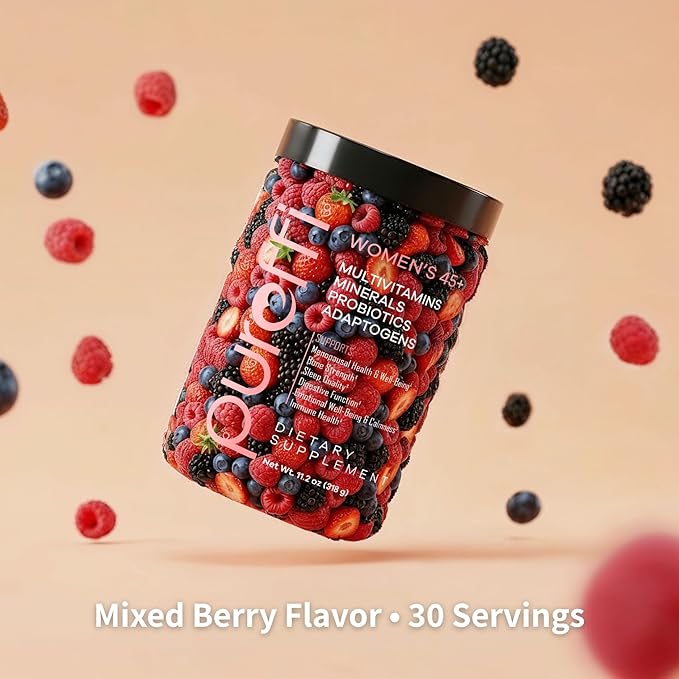 Women’s 45+ All-in-One Multivitamin Powder, 33 Ingredients, Menopausal Well-Being Support, Probiotics for Digestive Support, Mixed Berry, 30 Servings