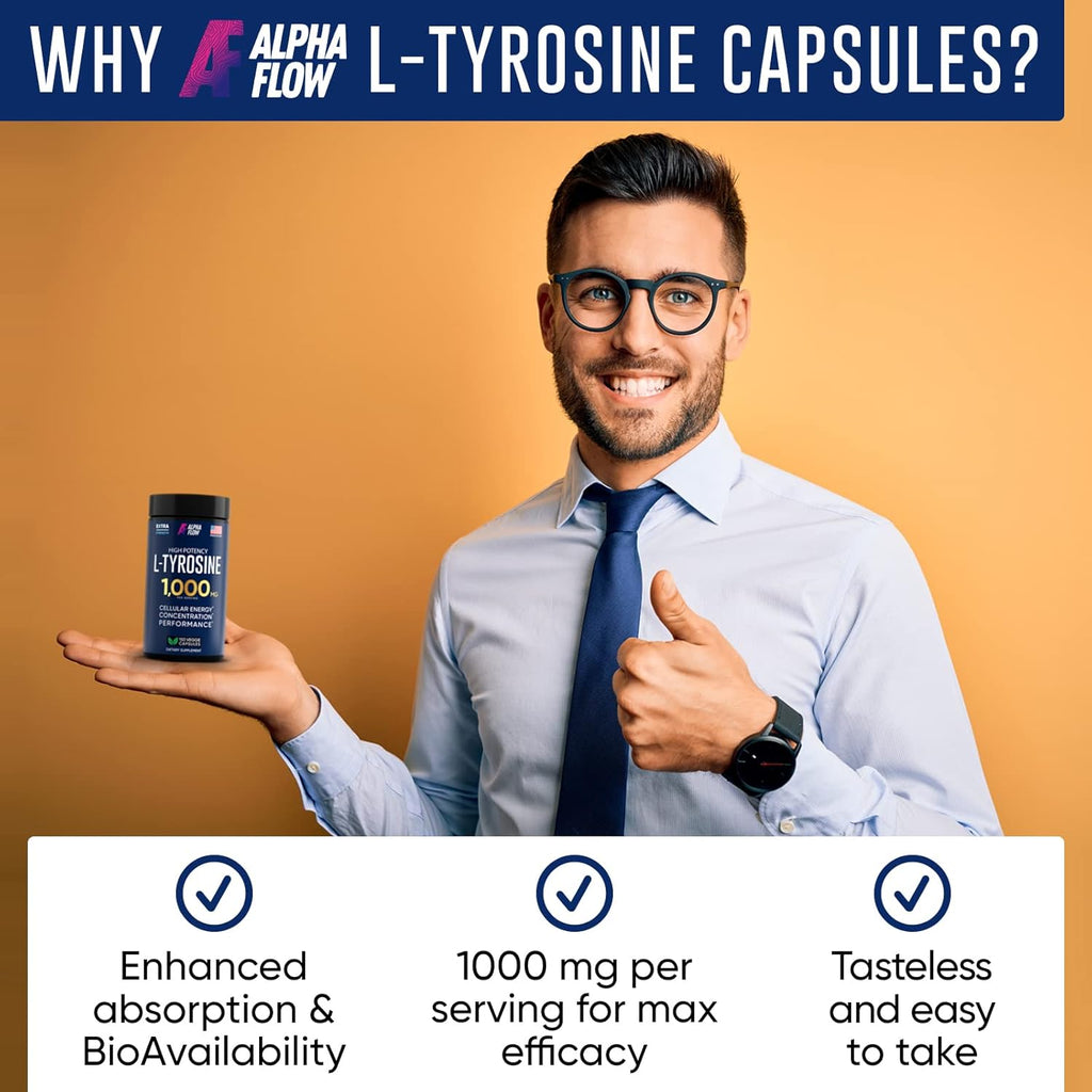 L Tyrosine 1000MG Capsules - All-Natural L- Tyrosine Supplement for Focus & Energy Boost - Non-GMO & Gluten-Free - Vegan 150 Caps -500mg x 2 per Serving