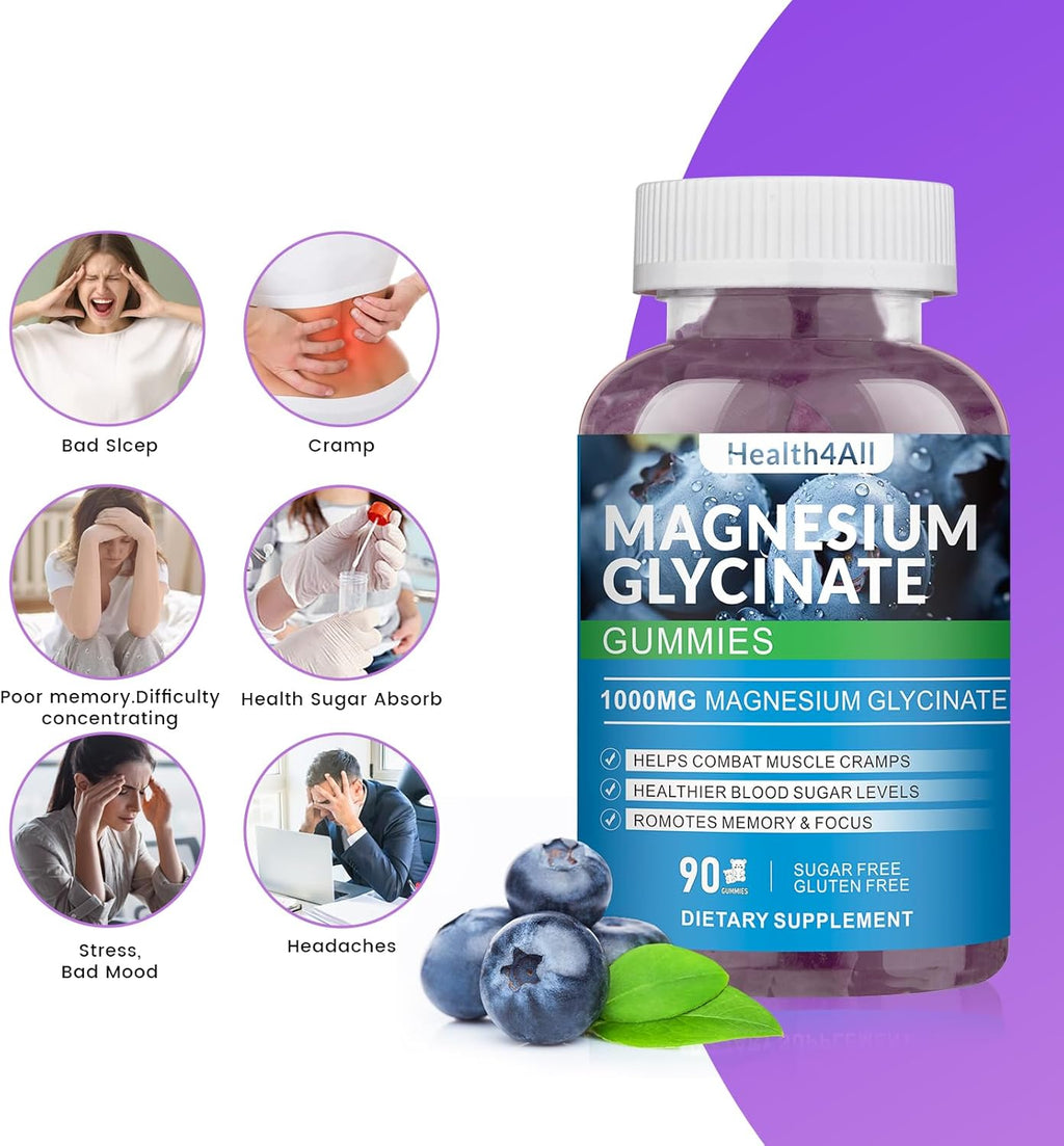 Magnesium Glycinate Gummies 1000mg, High Absorption Sugar Free Magnesium Potassium Supplement for Relaxation, Stress Relief, and Sleep Support for Adults & Kids - 180 Blueberry Gummies