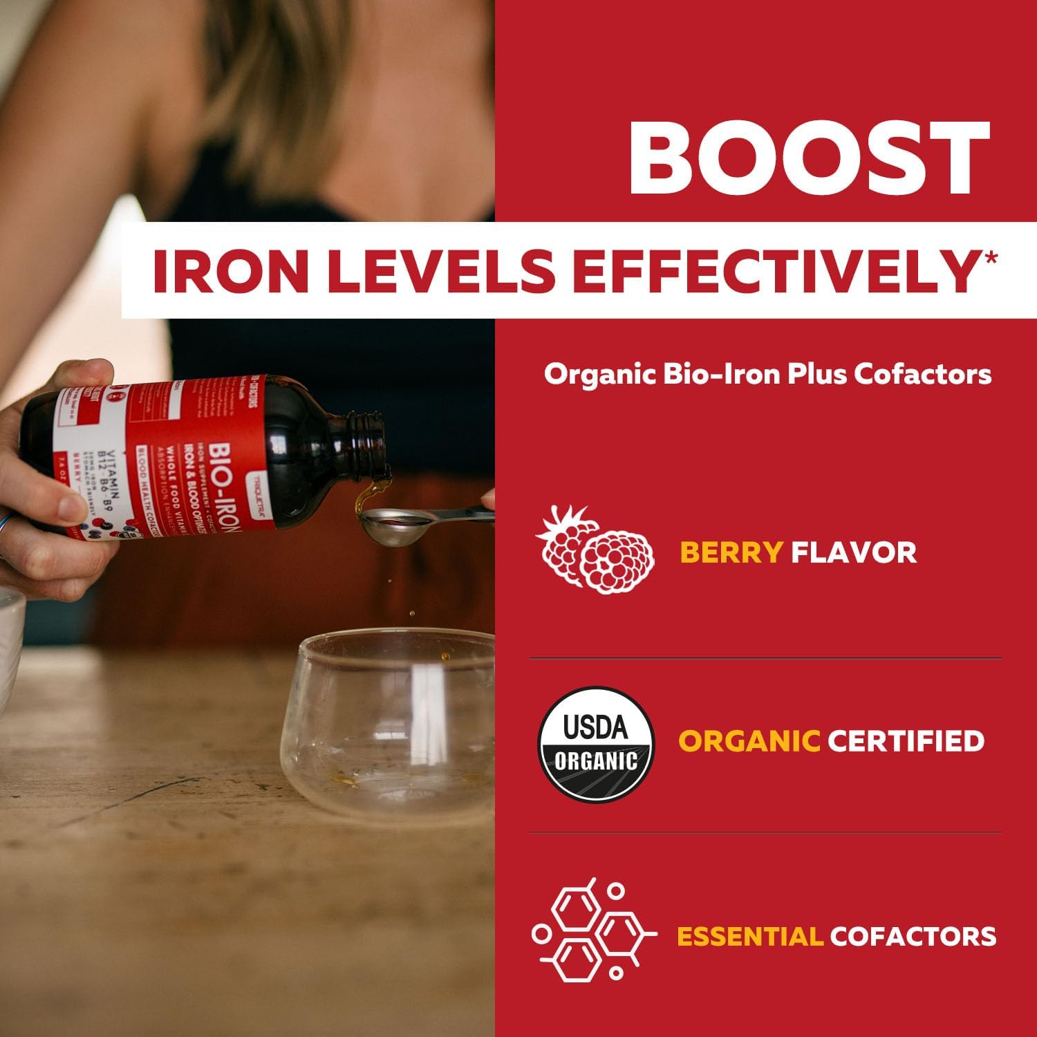 Liquid Iron Supplement | Organic Certified, Berry Flavor - Whole Food Vitamin C Absorption Boost & Blood Building B Vitamins - Methyl B12, L-Methylfolate & B6 - Supports Healthy Iron Levels - 7.6 oz