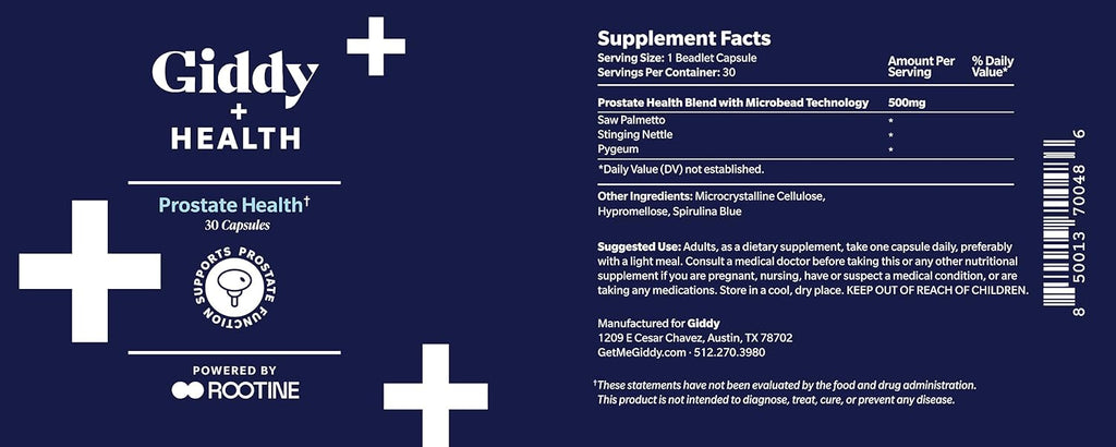 Giddy+Health Prostate Health Supplement with pygeum, Saw Palmetto, and stinging Nettle