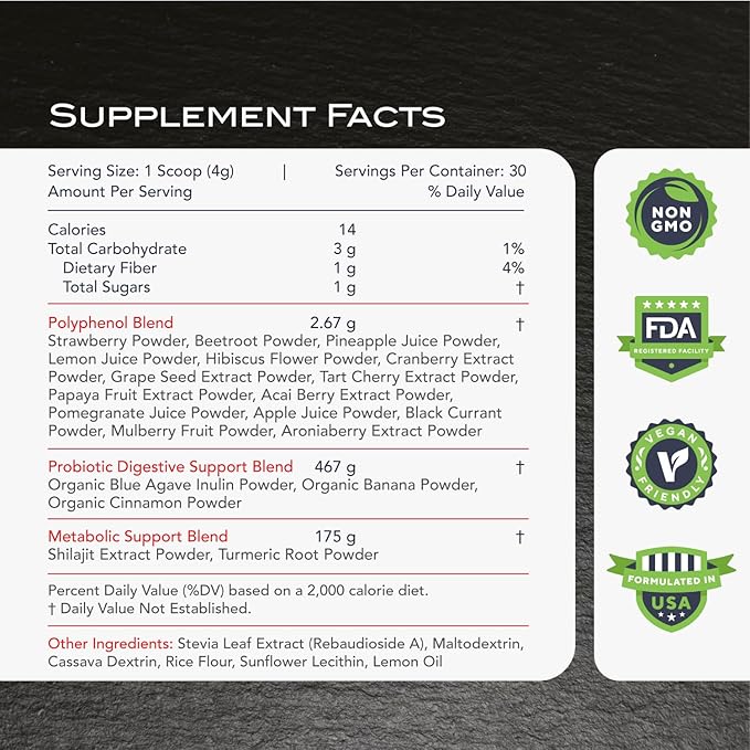 KaraMD Revive Reds | Delicious Energy Boosting Concentrated Polyphenol Blend | Vegan Friendly, Gluten Free & Non-GMO Superfood Powder | Antioxidant Powder Containing Shilajit & Enzymes (30 Servings)