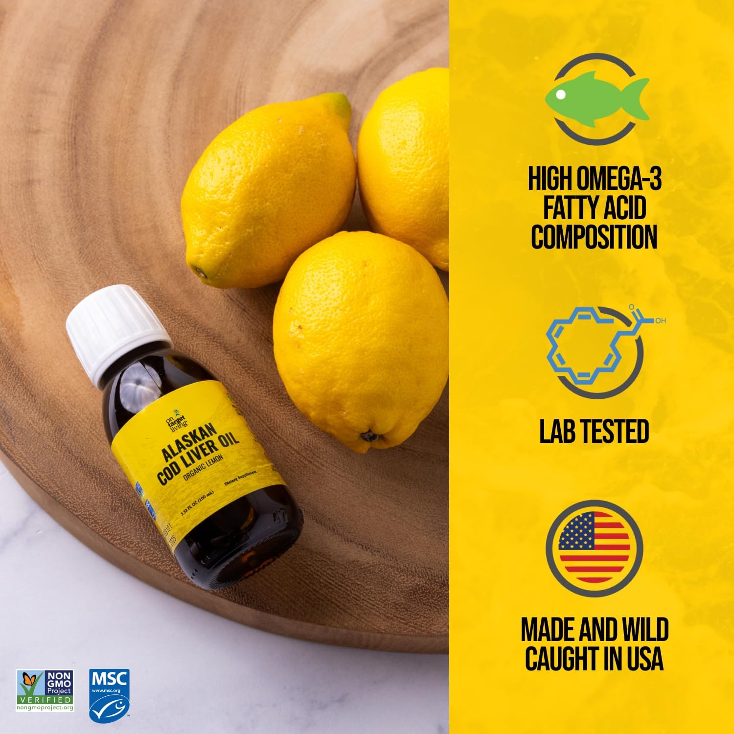 On Target Living Alaskan Cod Liver Oil- Travel Size 3.33 oz. | Naturally Occurring Vitamins A & D | Organic Lemon Flavor | Premium Line Caught Cod Liver Oil
