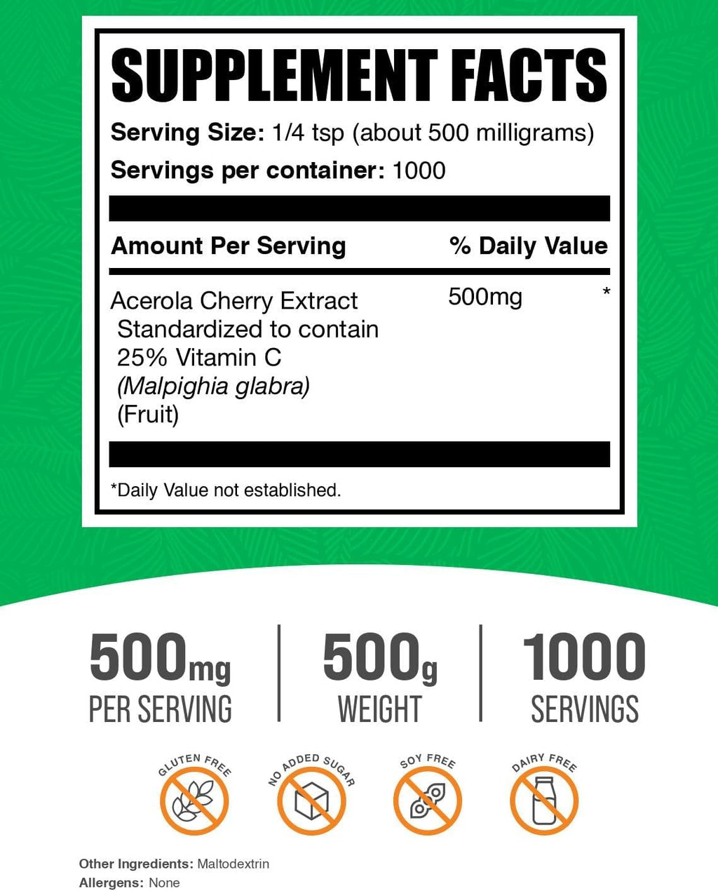 BulkSupplements.com Acerola Cherry Extract Powder - Natural Vitamin C Supplement, Acerola Cherry Powder - Vegan & Gluten Free, 500mg per Serving, 500g (1.1 lbs) (Pack of 1)