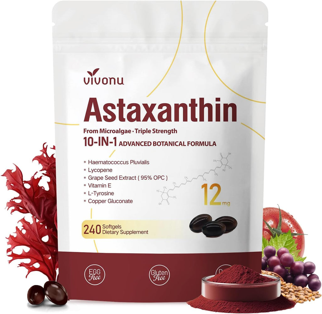 Astaxanthin 12mg, 240 Softgels, Fresh Haematococcus Pluvialis 10 in 1 Astaxanthin Antioxidant Supplements, Contains Lycopene, Grape Seed, Vitamin E, & More, Supports Eye Joints Skin Health, 1 Bag