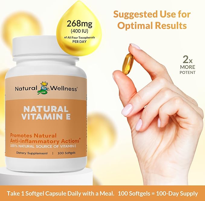 Natural Wellness Vitamin E 400 IU – Mixed Tocopherols Softgels for Antioxidant Support, Heart & Immune Health – Non-GMO Vitamin E Capsules for Skin & Wellness – 100 Count