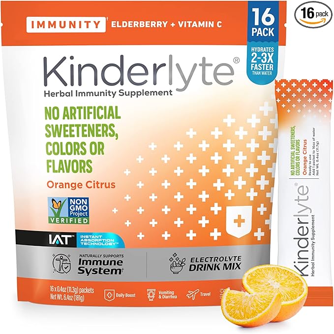 Kinderlyte Immunity Supplement for Kids and Adults, Electrolyte Powder Hydration Packets with Vitamin C, Zinc & Turmeric (Orange Citrus, 16 Count) No Artificial Sweeteners, No Synthetic Dyes