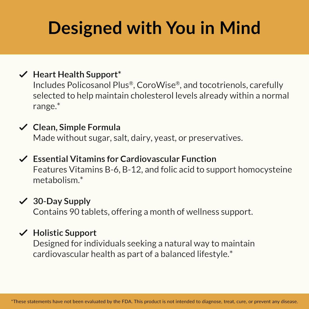 Natural Wellness Cholesterol Support – Herbal & Nutrient Supplement for Healthy Cholesterol Levels, Heart Function, Artery Health & Circulation – Cardiovascular Support Formula – 90 Tablets