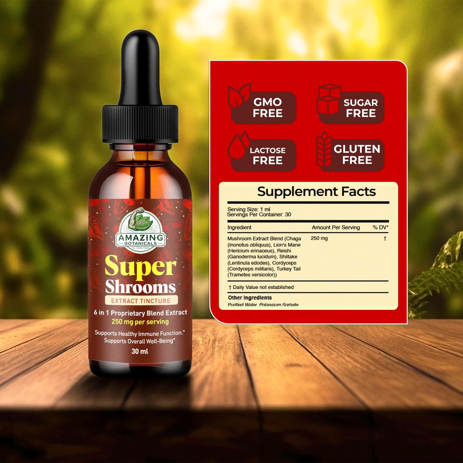 Super Shrooms 6 in 1 Mushroom Wellness Tonic – Chaga, Lion’s Mane, Reishi, Shiitake, Cordyceps, Turkey Tail – Alcohol-Free – Organic Mushroom Liquid Extract Tincture – 250mg per serving