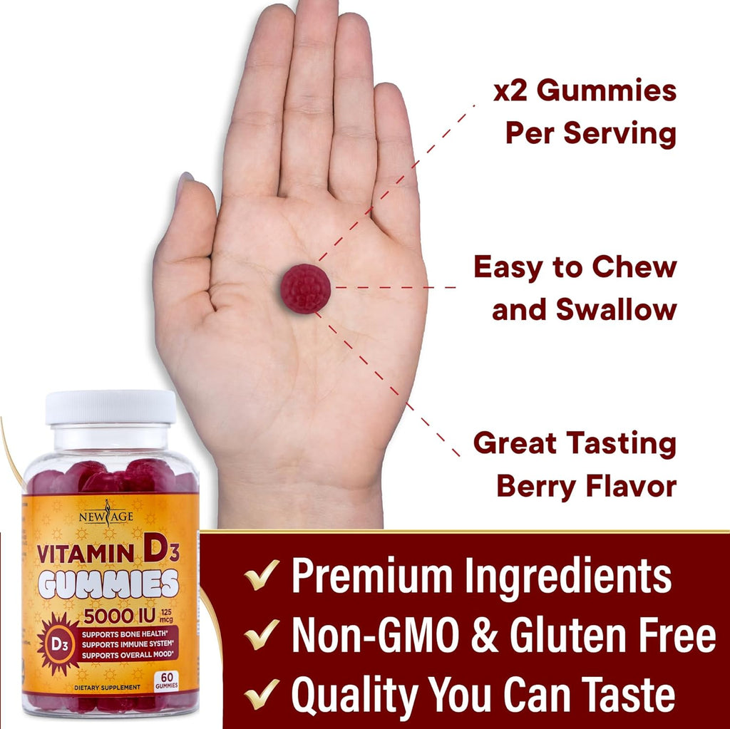 NEW AGE Vitamin D3 5000 IU 125mcg Gummies - Support Immune Support, Strong Bone Health - Non-GMO, Gluten-Free, Dairy-Free, No Gelatin (60 Gummies (Pack of 1))