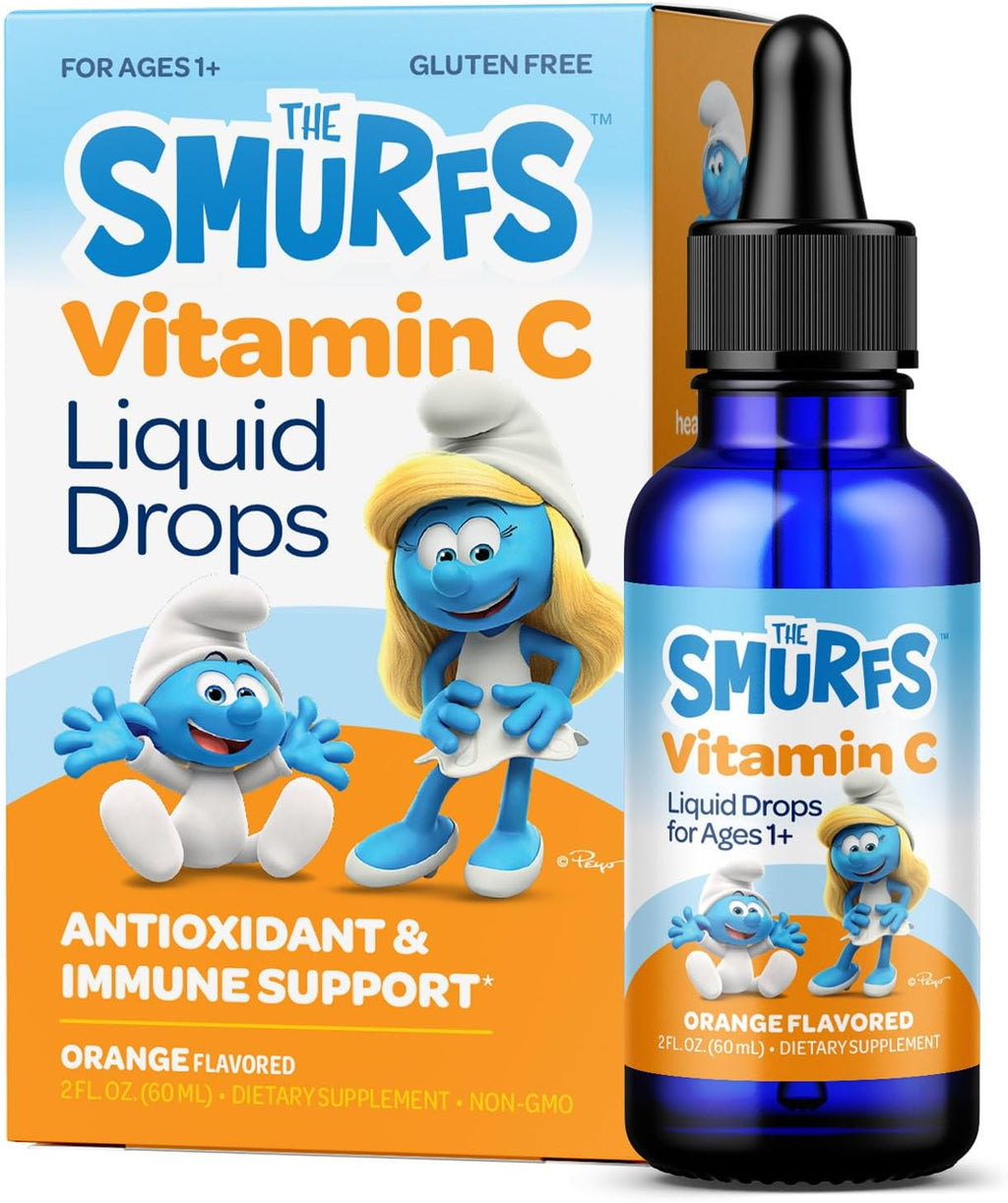 Smurfs Liquid Vitamin C for Kids Immune Support | High Strength Kids Vitamin C Drops | Ages 1 & Up | Vegan Non-GMO & No Artificial Flavors or Colors | No Added Sugar | Orange Flavor | 60 Servings