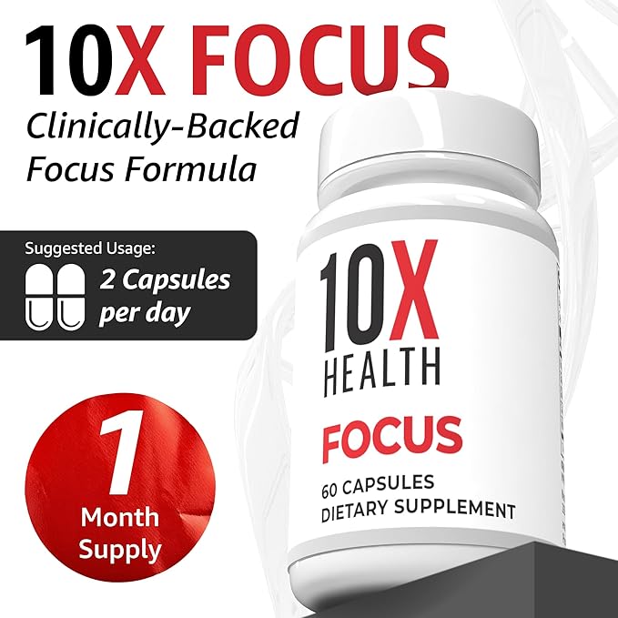 10X Health Focus Rhodiola Rosea - Brain Supplements for Memory and Focus - 60 Capsules Focus Supplement, Memory Supplement for Brain Health with Ginkgo Biloba, Huperzine A - Ginkgo Biloba Capsules