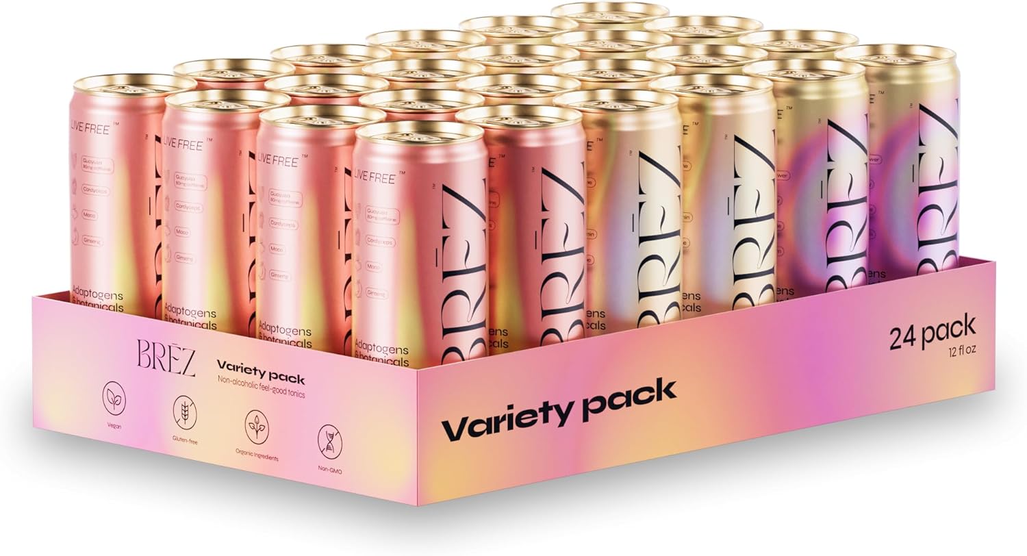 BRĒZ Mushroom Drink Variety Pack - Flow, Dream & Elevate - Lion’s Mane, Reishi, Cordyceps Mushrooms, Non-Infused, Adaptogen Tonics for Focus, Sleep, Mood & Energy, Vegan, 12 fl oz Cans (24 Pack)