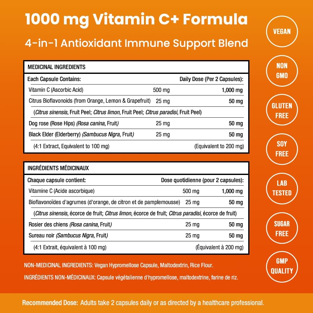 NutraChamps Vitamin C 1000mg with Rose HIPS, Vitamin C Supplement with Elderberry & Citrus Bioflavonoids, Kids Immune Boosting Supplement, 500mg Vitamin C Capsules Pill