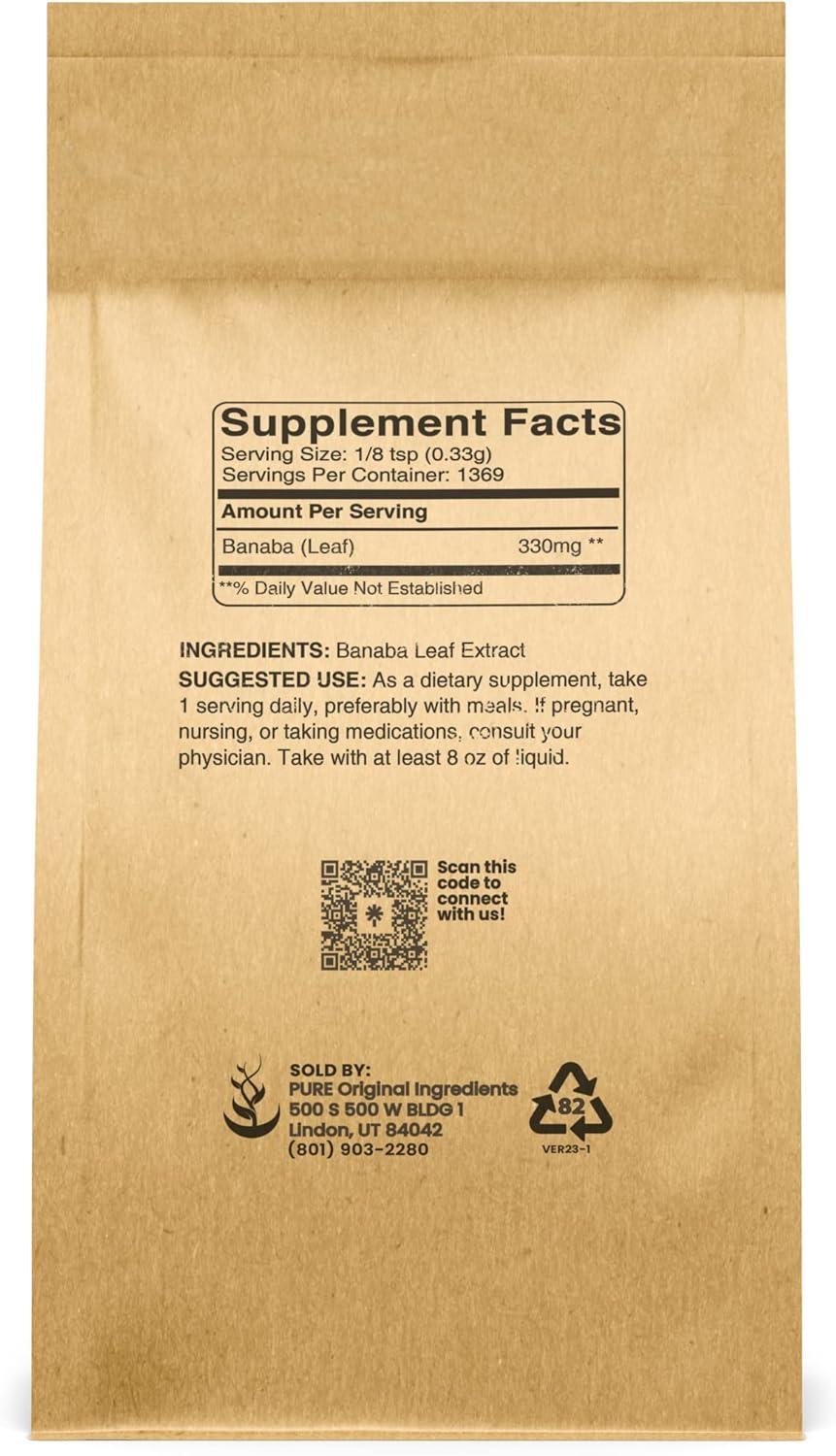 PURE ORIGINAL INGREDIENTS Banaba Leaf Powder (1 lb) Always Pure, No Fillers or Additives, Non GMO