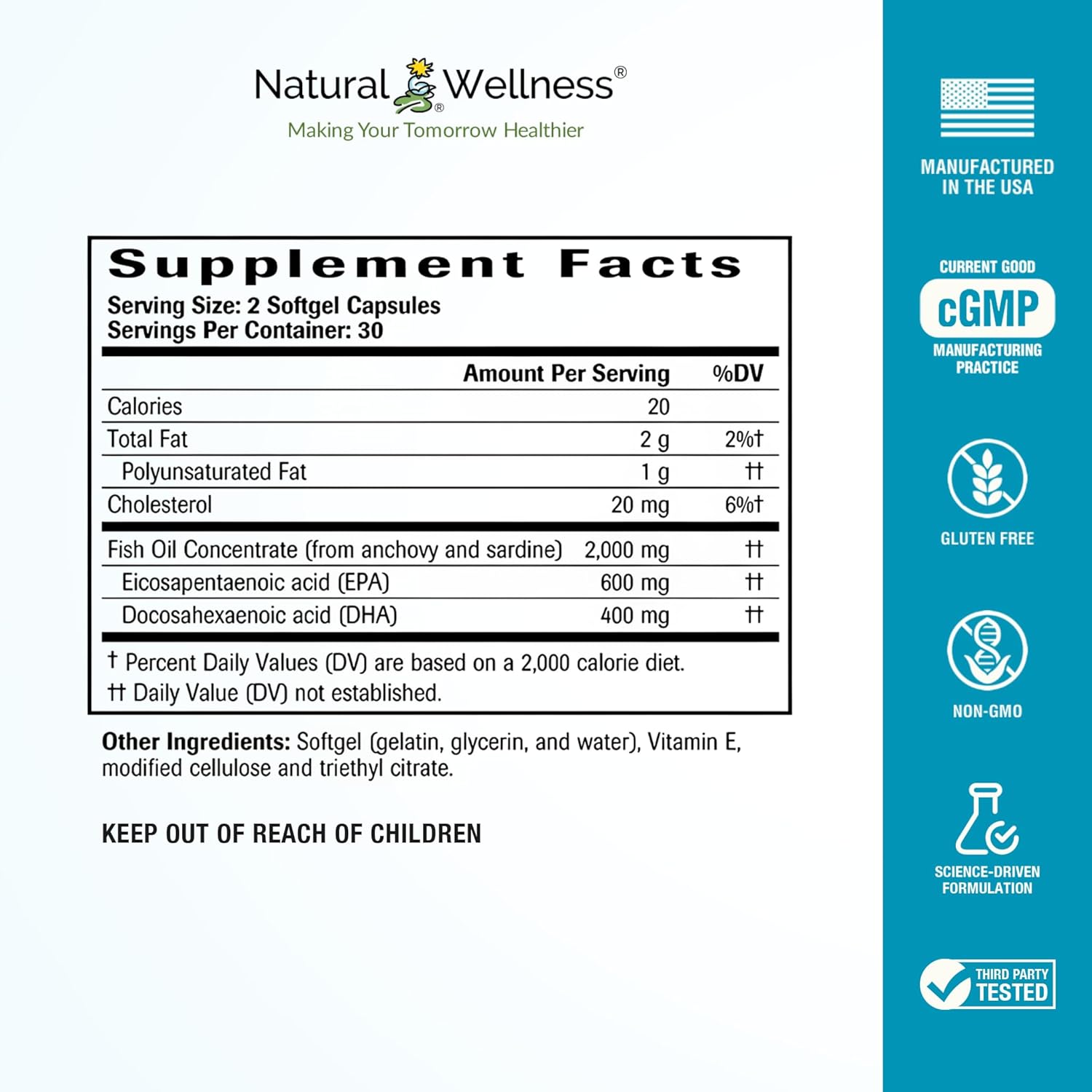 Natural Wellness Super Omega-3 Fish Oil – 600 mg EPA & 400 mg DHA for Heart, Brain, and Joint Health – 60 Enteric-Coated Softgels