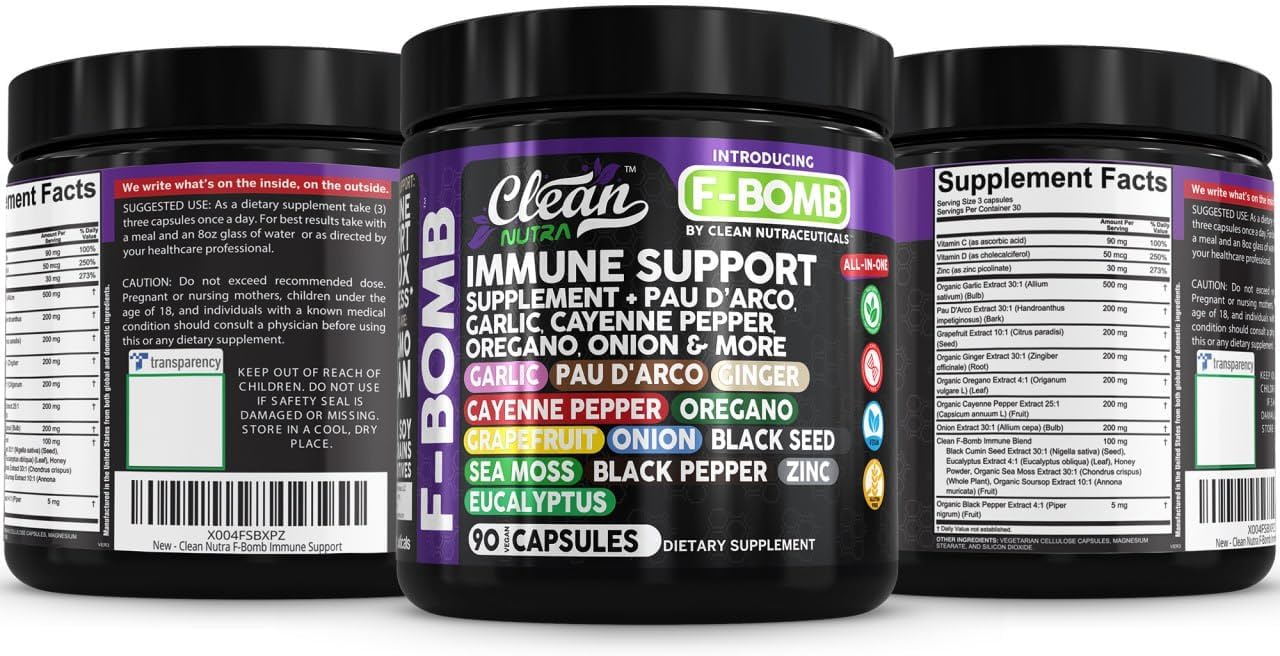 Organic Immune Support with PAU D'Arco Garlic Cayenne Pepper Oregano Ginger Grapefruit Onion Black Seed Sea Moss Black Pepper Zinc Eucalyptus Vitamin C Vitamin D Organic Soursop by Clean Nutra