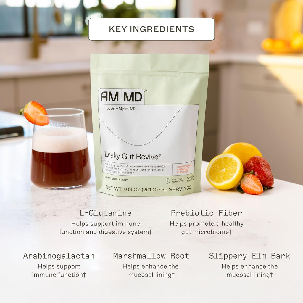 Amy Myers MD Leaky Gut Revive - Gluten-Free & Non-Dairy - Botanical Blend for Healthy Gut Support - GI Health Support with Prebiotic Fiber - Strawberry Lemonade, 6.3 oz (30 Servings)