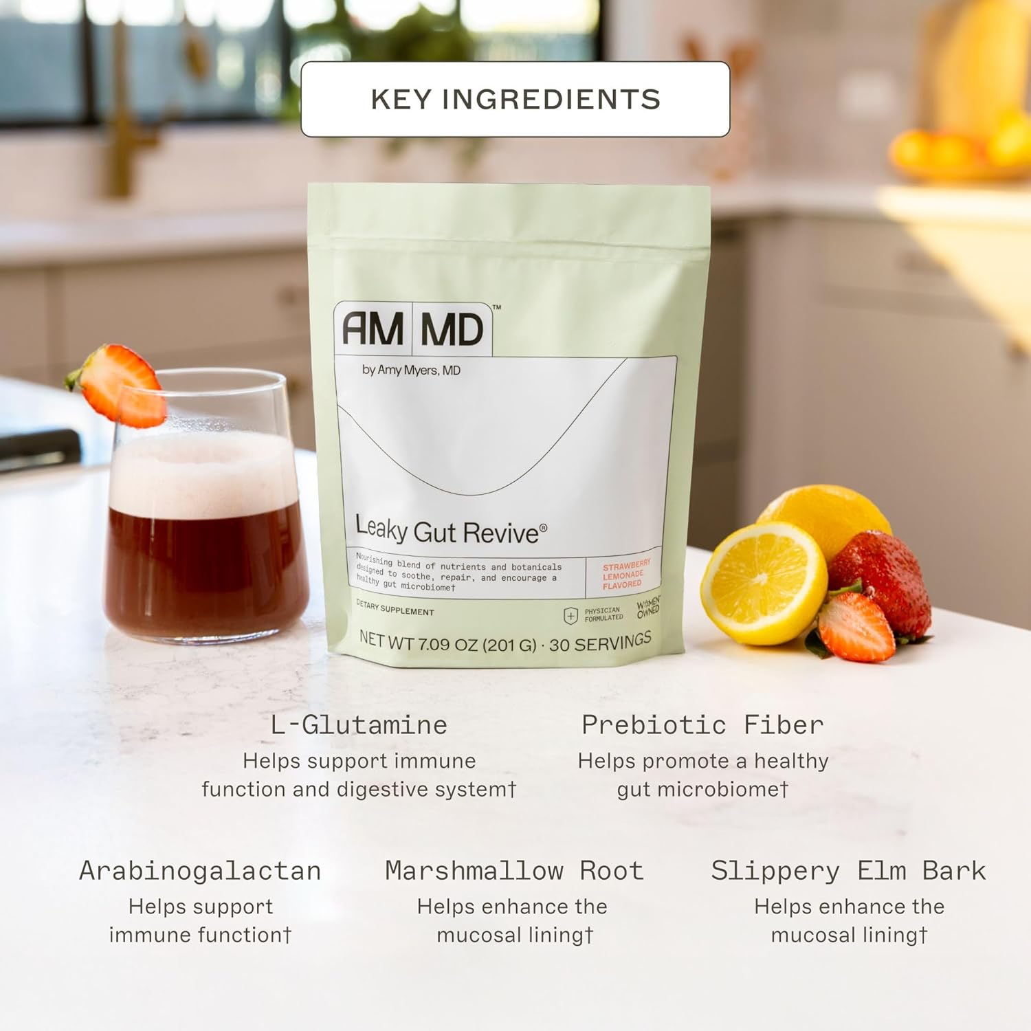 Amy Myers MD Leaky Gut Revive - Gluten-Free & Non-Dairy - Botanical Blend for Healthy Gut Support - GI Health Support with Prebiotic Fiber - Strawberry Lemonade, 6.3 oz (30 Servings)
