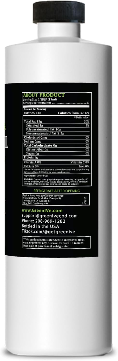 GreenIVe Flax Seed Oil Organically Grown100% Pure Cold Pressed High Vegan Omega Fatty Acids (16 Fl Oz)